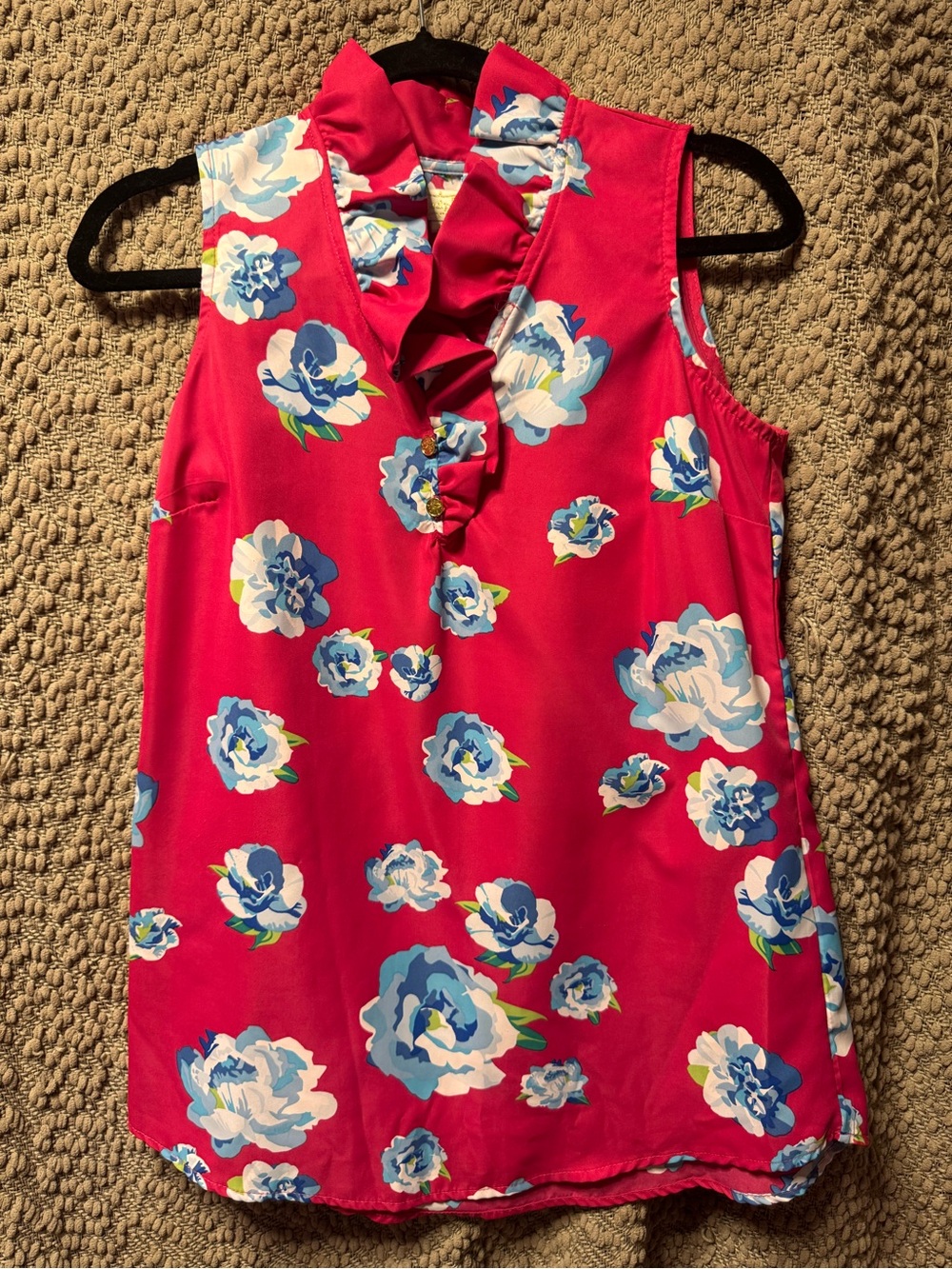 Mud pie Women’s Floral Ruffle V-Neck Shell Top - Bright Pink